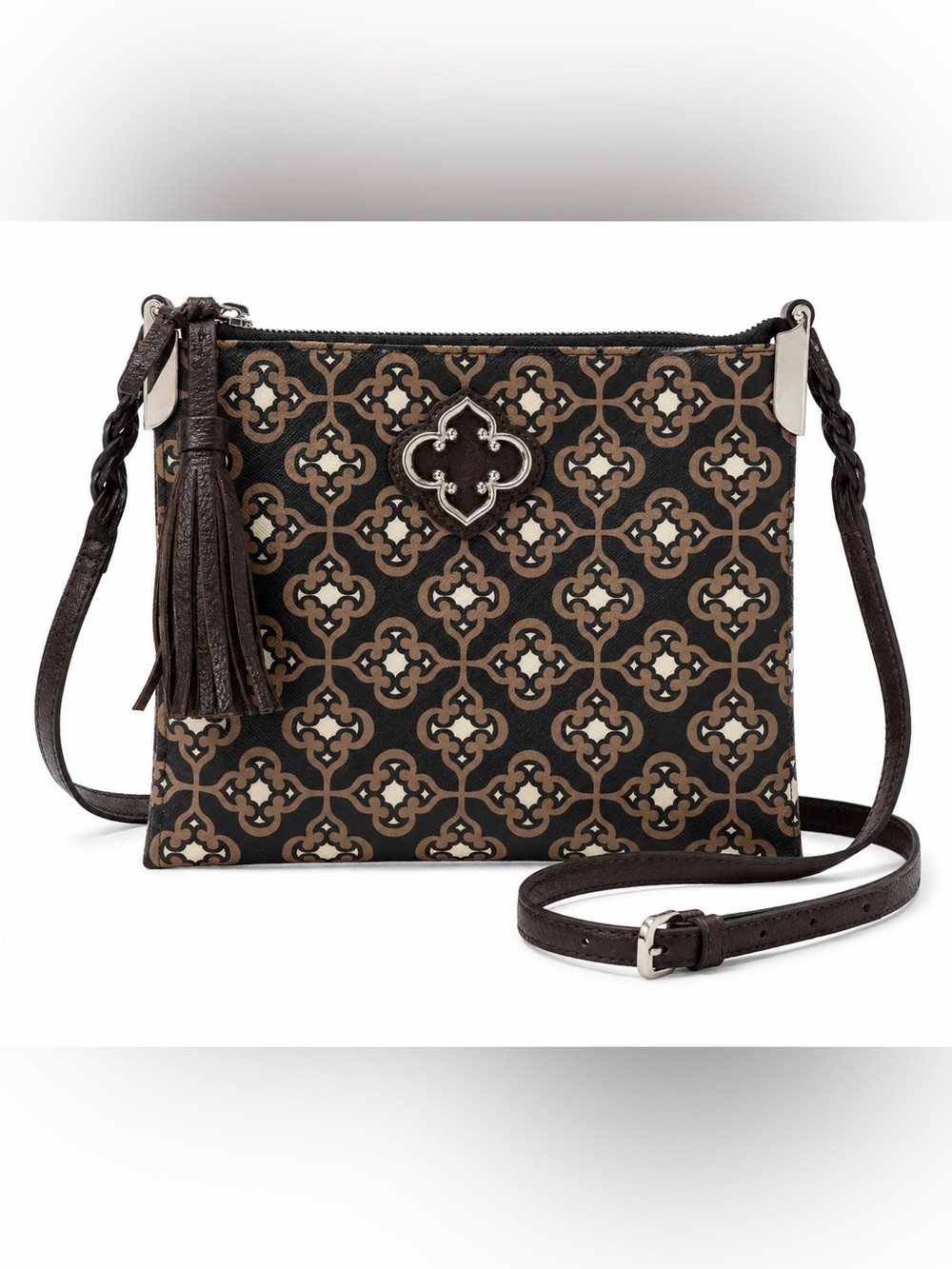 Brighton Brown Black Signature Print Small Crossbody Organizer Bag Tassel